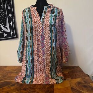 Color Lounge 1XL Women's Printed Button Front Top Roll Tab Sleeves 100% Rayon